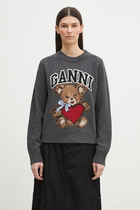 Свитер GANNI Graphic Wool Mix Bear Crewneck женская цвет серый лёгкий K2370