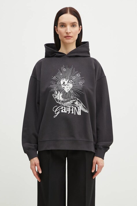 GANNI cotton sweatshirt Isoli Heart Oversized women's gray color with a print T4082