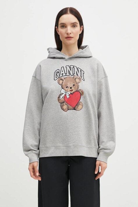 Bavlněná mikina GANNI Isoli Bear Oversized dámská, šedá barva, s kapucí, s potiskem, T4162