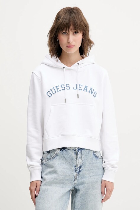 Хлопковая кофта Guess Jeans женская цвет белый с капюшоном с аппликацией W5GQ22 K68I4