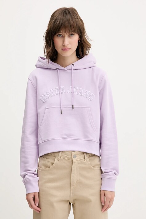 Guess Jeans hanorac de bumbac femei, culoarea violet, cu glugă, cu imprimeu, W5GQ22 K68I4