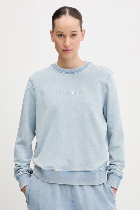 Bavlněná mikina Guess Jeans dámská, modrá barva, s aplikací, W5GQ28 KCTJ1