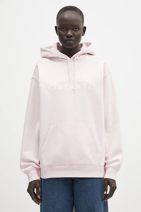 Carhartt WIP bluză Hooded Carhartt Sweatshirt culoarea roz, cu glugă, cu imprimeu, I033648