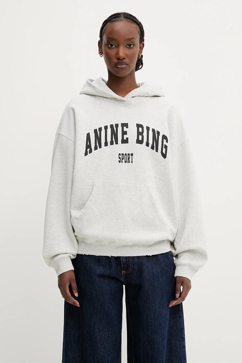 Anine Bing cotton sweatshirt Harvey Sweatshirt gray color hooded with a print S.08.5185