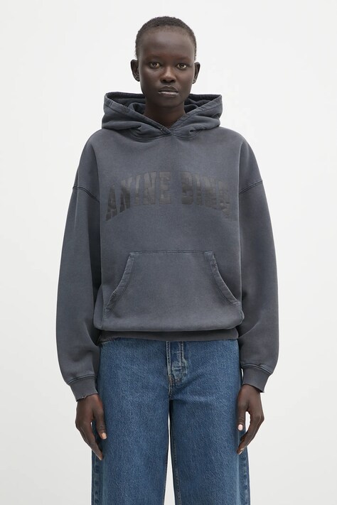 Памучен суичър Anine Bing Harvey Sweatshirt в сиво с качулка с принт S.08.5185