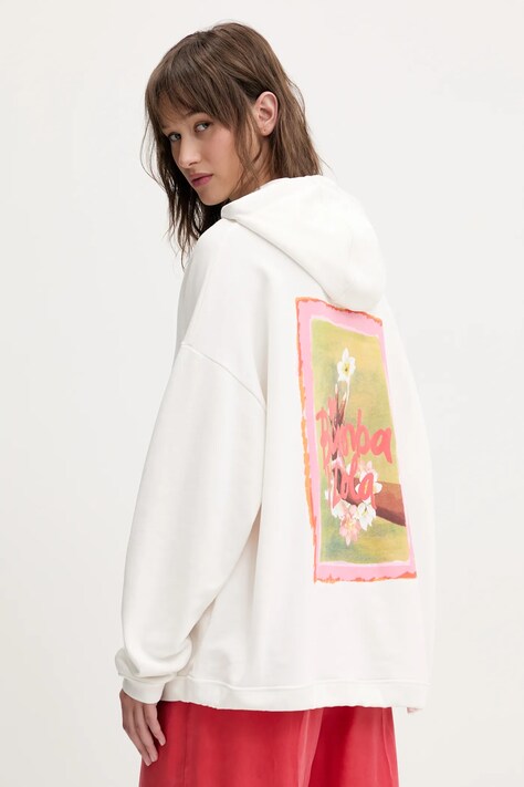Bavlněná mikina Bimba Y Lola dámská, bílá barva, s kapucí, s potiskem, 251BR7501.10060
