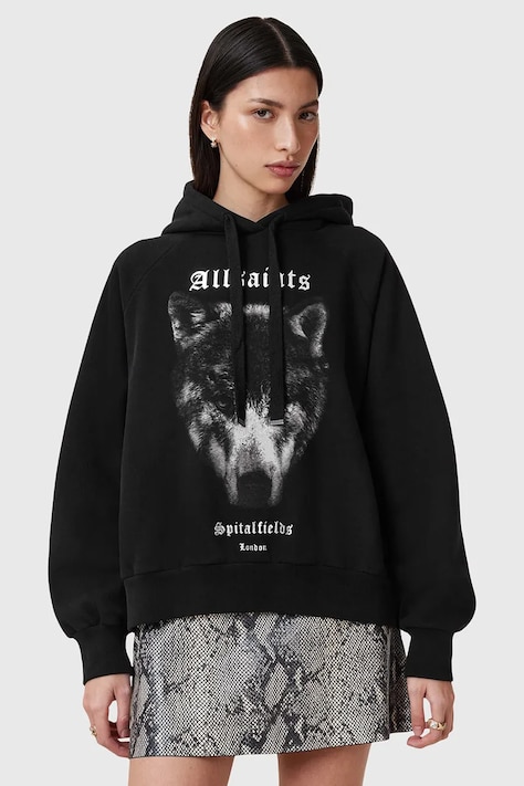 Mikina AllSaints DAWN TALON dámska, čierna farba, s kapucňou, s potlačou, W017JC