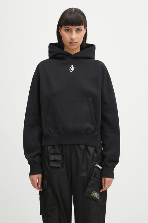 Памучен суичър JW Anderson Anchor Embroidery Cropped в черно с качулка с апликация JW0216.PG1719.999