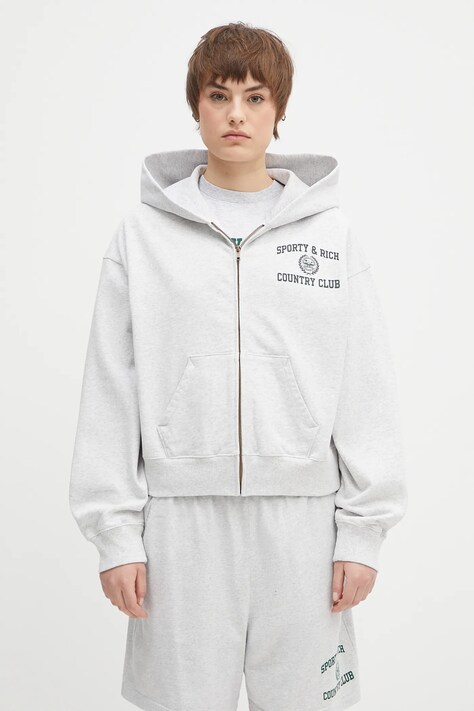 Sporty & Rich cotton sweatshirt Varsity Crest Cropped Zip gray color hooded with a print ST068606218GY03