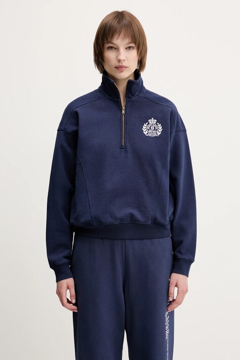 Хлопковая кофта Sporty & Rich H&W Crest Embroidered Quarter Zip цвет синий с аппликацией ST073612241BL106