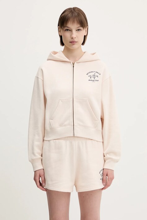 Mikina Sporty & Rich Bh Riding Club Soft Cropped Zip béžová farba, s kapucňou, s potlačou, ST083626255CR01