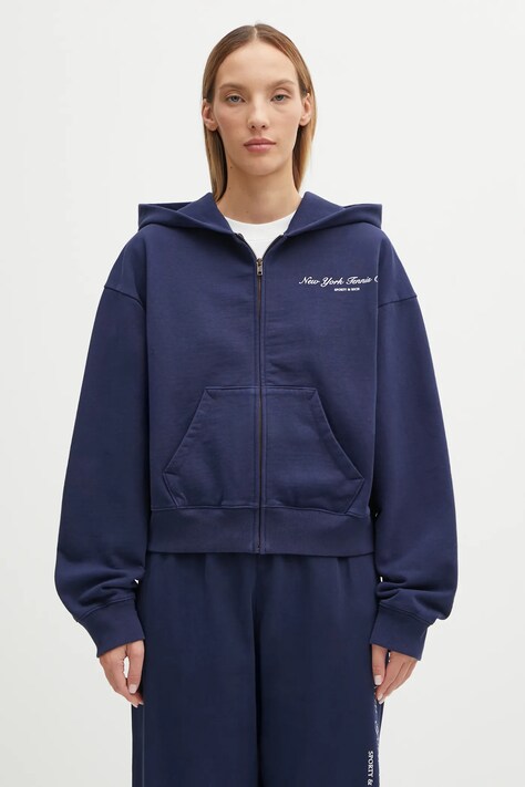 Sporty & Rich bluza bawełniana Ny Tennis Club Cropped Zip damska kolor granatowy z kapturem gładka ST068621402BL106