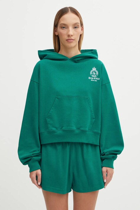 Βαμβακερή μπλούζα Sporty & Rich Crown Tennis Embroidered Cropped γυναικεία, χρώμα: πράσινο, με κουκούλα, ST074621426GR03