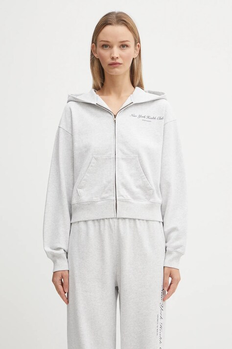 Sporty & Rich bluza bawełniana Ny Health Club Cropped Zip damska kolor szary z kapturem z nadrukiem ST068602043GY03