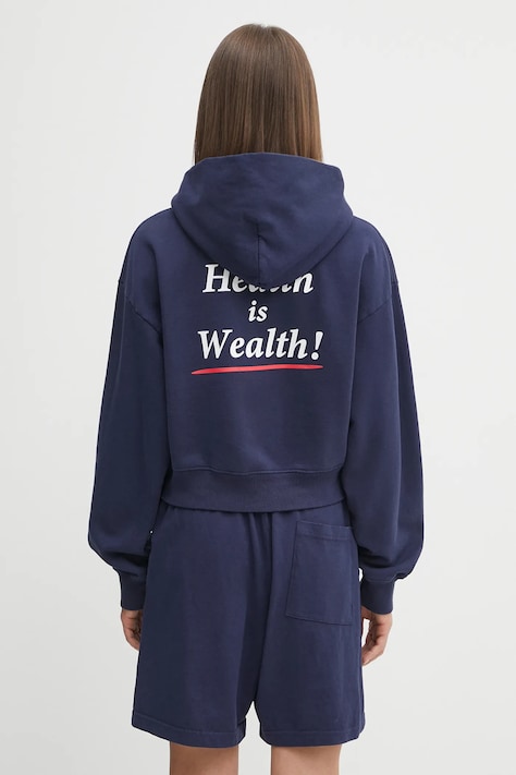 Памучен суичър Sporty & Rich Health Is Wealth Cropped в тъмносиньо с качулка с изчистен дизайн ST074602006BL106