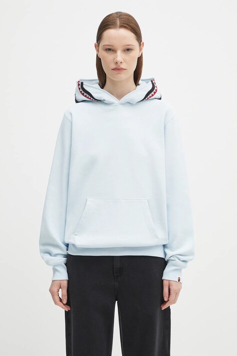 A Bathing Ape bluza bawełniana Shark damska kolor niebieski z kapturem z aplikacją 1L30214009