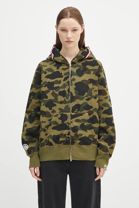 Хлопковая кофта A Bathing Ape 1st camo shark цвет зелёный с капюшоном узор 1K80215006