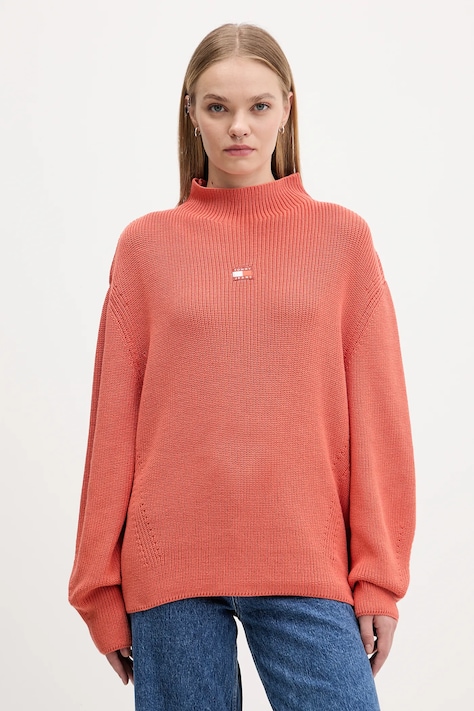 Tommy Jeans sweter bawełniany damski kolor pomarańczowy z półgolfem DW0DW21676