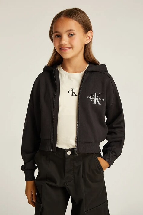 Dětská bavlněná mikina Calvin Klein Jeans černá barva, s kapucí, s potiskem, IG0IG02824