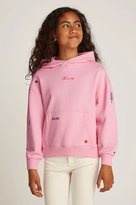 Tommy Hilfiger bluza bawełniana dziecięca kolor różowy z kapturem z aplikacją KG0KG08327