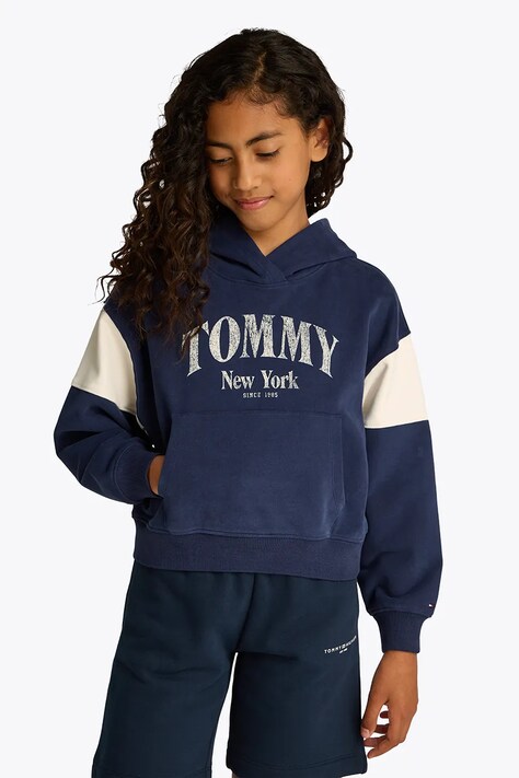 Tommy Hilfiger bluza bawełniana dziecięca kolor granatowy z kapturem z nadrukiem KG0KG08520