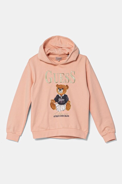 Детская хлопковая кофта Guess цвет оранжевый с капюшоном с принтом J5RQ04 KAD74
