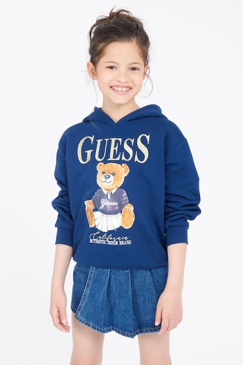Детская хлопковая кофта Guess цвет синий с капюшоном с принтом J5RQ04 KAD74