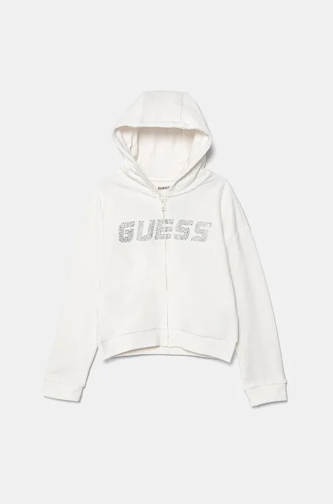 Детская хлопковая кофта Guess цвет белый с капюшоном с аппликацией J5GQ07 KCRP0