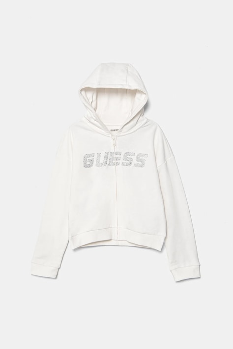 Guess bluza bawełniana dziecięca kolor biały z kapturem z aplikacją J5GQ07 KCRP0