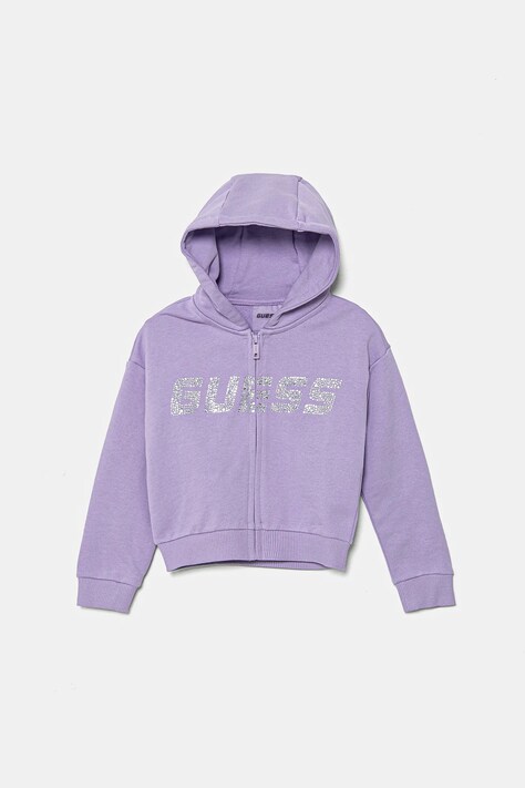 Guess hanorac de bumbac pentru copii culoarea violet, cu glugă, cu imprimeu, J5GQ07 KCRP0