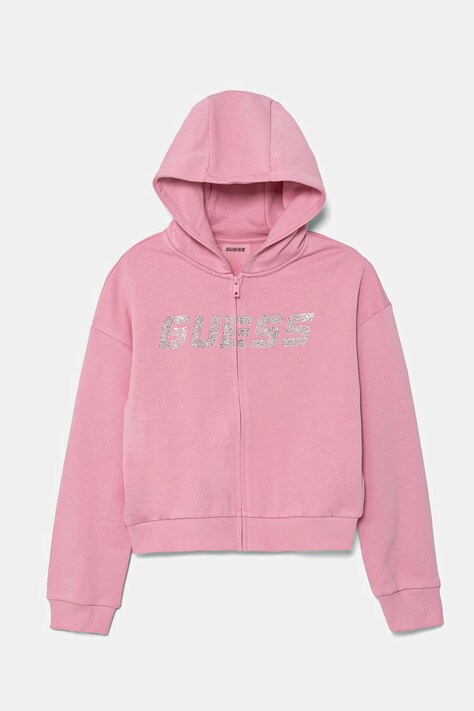 Дитяча бавовняна кофта Guess колір рожевий з капюшоном з аплікацією J5GQ07 KCRP0