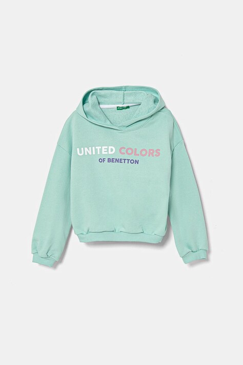 Dětská bavlněná mikina United Colors of Benetton tyrkysová barva, s kapucí, s potiskem, 3J68C204D