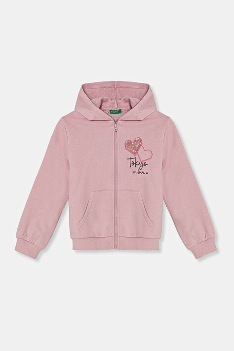United Colors of Benetton hanorac de bumbac pentru copii culoarea roz, cu glugă, cu imprimeu, 3J68G503T