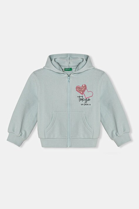 United Colors of Benetton hanorac de bumbac pentru copii culoarea turcoaz, cu glugă, cu imprimeu, 3J68G503T
