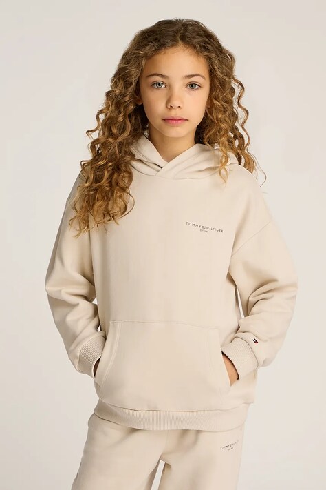 Tommy Hilfiger bluza dziecięca kolor beżowy z kapturem gładka KS0KS00595