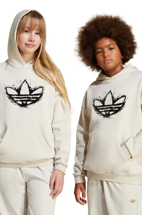 Dječja dukserica adidas Originals boja: bež, s kapuljačom, s aplikacijom, JD0366