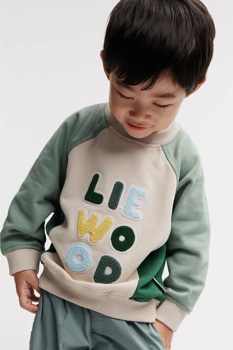 Liewood gyerek melegítőfelső pamutból Aude Placement Sweatshirt zöld, nyomott mintás, LW19863