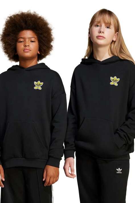 Dětská bavlněná mikina adidas Originals x Smiley World černá barva, s kapucí, s aplikací, JD0428