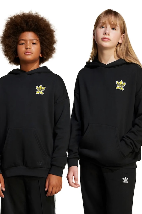 Παιδική βαμβακερή μπλούζα adidas Originals x Smiley World χρώμα: μαύρο, με κουκούλα, JD0428