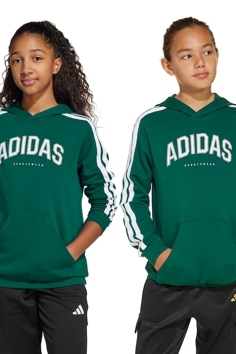 Dětská mikina adidas zelená barva, s kapucí, s potiskem, JM7358