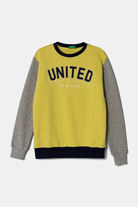 Otroški bombažen pulover United Colors of Benetton zelena barva, s kapuco, 3J68C10N2