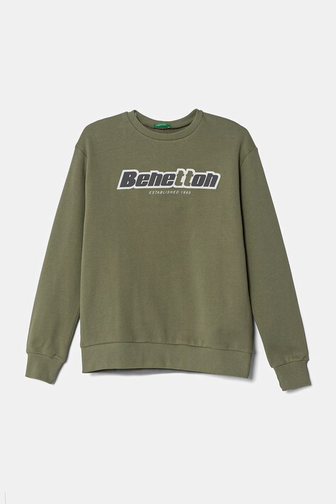 Dětská bavlněná mikina United Colors of Benetton zelená barva, s kapucí, s potiskem, 3J68C10N2