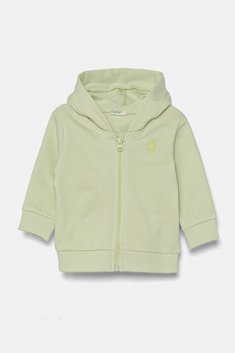 Бебешки памучен суичър United Colors of Benetton в зелено с качулка с изчистен дизайн 3J70A5017