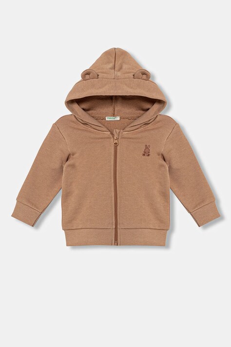Хлопковая кофта для младенцев United Colors of Benetton цвет коричневый с капюшоном однотонная 3J70A5017