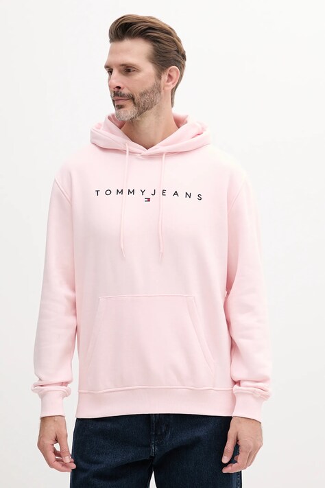 Tommy Jeans bluza barbati, culoarea roz, cu glugă, cu imprimeu, DM0DM20746
