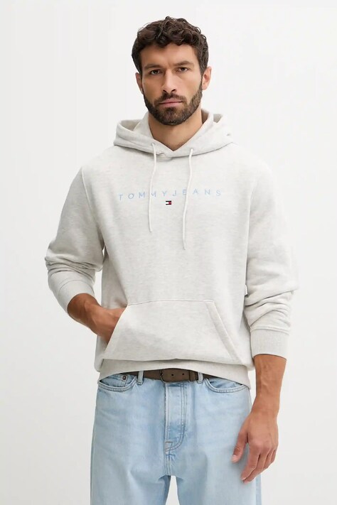 Tommy Jeans bluză culoarea bej, cu glugă, cu imprimeu, DM0DM20746