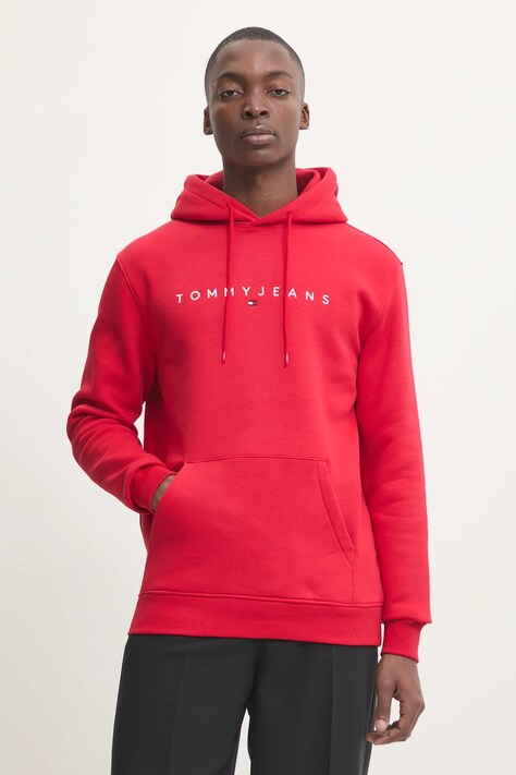 Mikina Tommy Jeans pánská, červená barva, s kapucí, s potiskem, DM0DM20746