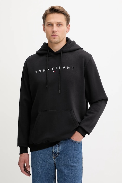 Tommy Jeans bluză culoarea bej, cu glugă, cu imprimeu, DM0DM20746