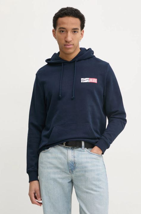 Tommy Jeans hanorac de bumbac pentru copii bărbați, culoarea bleumarin, cu glugă, cu imprimeu, DM0DM20257