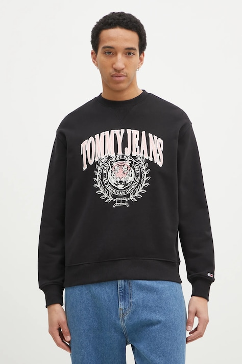 Bavlněná mikina Tommy Jeans pánská, černá barva, s aplikací, DM0DM20640